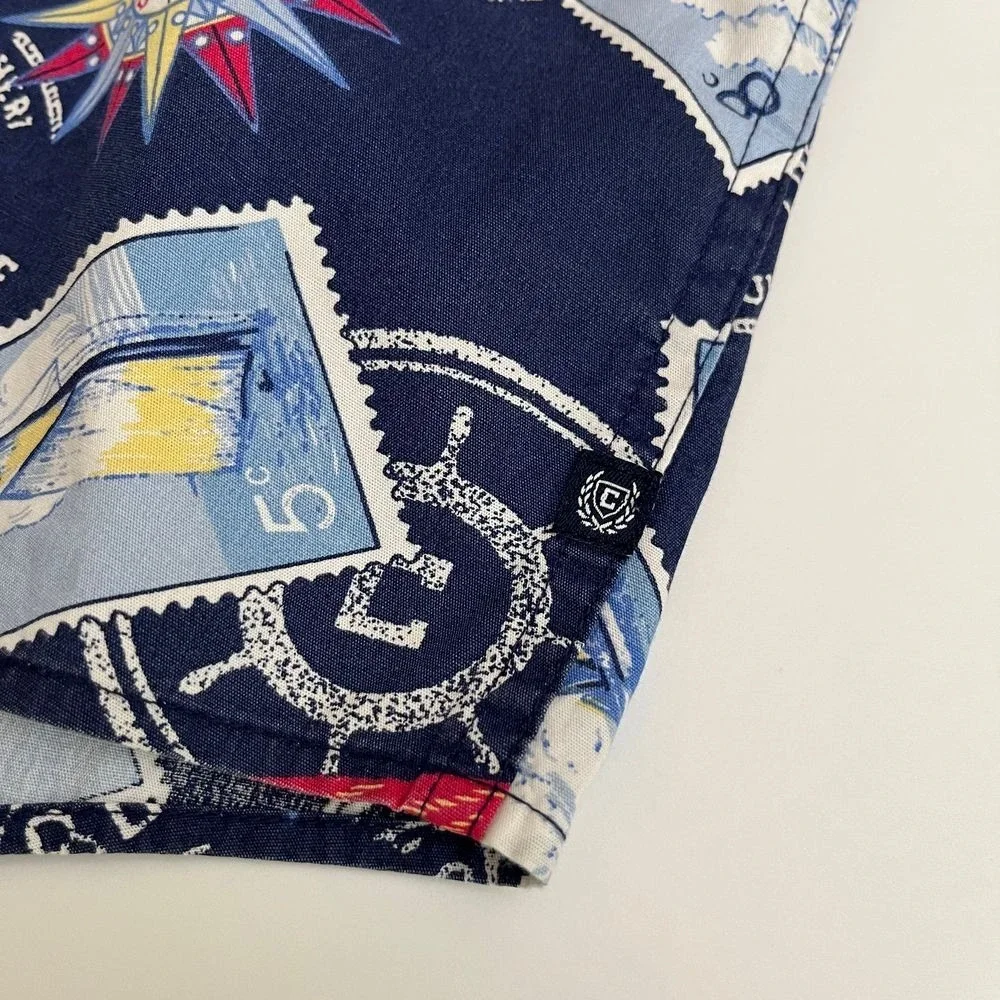 Chaps Mens Travel Stamp Blue Short Sleeve Button Down Shirt, Chaps Button Up S19